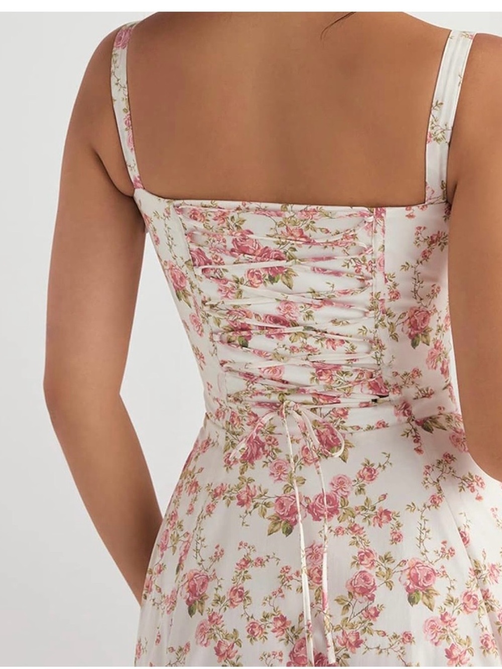 Rose Print Lace-Up Back Sundress in Ivory and Pink